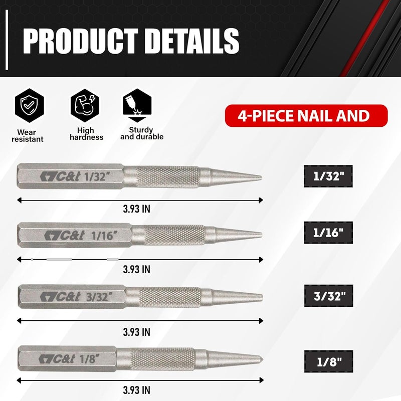 CT+ 4-Piece Nail and Punch Set, 1/32, 1/16, 3/32, 1/8Inch, Nail Setter Punch & Center Punch Set, Professional woodworking and carpentry tool kit - Image 5